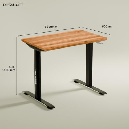 Image of Manual Height Adjustable Desk | Ergonomic Sit Stand Workstation with Walnut Wood Grain Top | Hand Crank Adjustable Computer Table for Home Office (Black Frame & Brown Top, 1200 x 600 mm)
