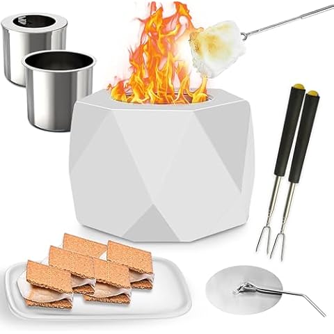 Table Top Fire Pits Portable Indoor Outdoor Fireplace with Metal Cover, Inner Steel Fuel Capsule, Metal Container Cup, 2 Roasting Sticks,2 Small Plates, and Concrete Fire Bowl Cover