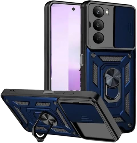 Image of SPAZY CASE Redmi 15 5G Back Cover | Heavy Duty Hybrid Case with 360 Degree Rotating Finger Ring Holder + Slider Shutter Camera Protection Case for Redmi 15 5G - Blue
