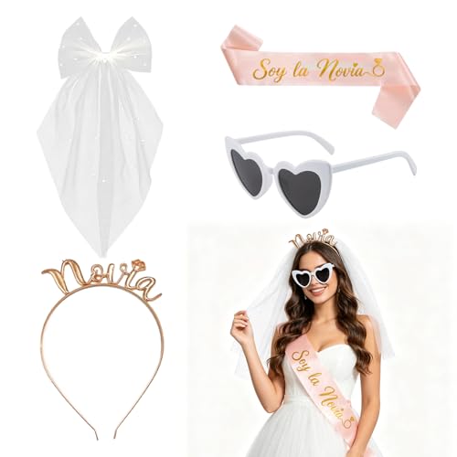 Kit despedida de solteira 4 peças com banda Sou a noiva, óculos coração brancos, diadema noiva e véu com laço, acessórios festa casamento para fotos, despedida solteira noite meninas grupo