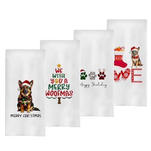 Geqtt Juego de toallas de cocina de pastor alemán, paños de cocina decorativos de pastor alemán de Navidad, paños de cocina de pastor alemán, regalos de pastor alemán (16 x 24 pulgadas, juego de 4)