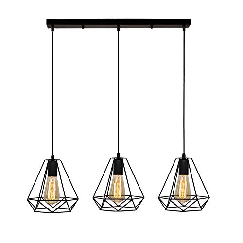 STOEX Suspension Industrielle Vintage Cage Dimant, Lampe de Plafond Barre 3 Luminaire Métal Lustre Abat-Jour E27 Noir