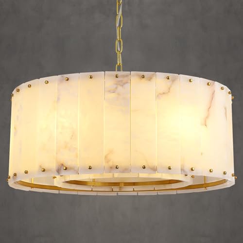 PIOUTNF 24in Marble Round Alabaster Chandelier, Brass Dining