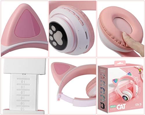 Kids Headphones Wireless, Girls Cat Ear Bluetooth Headphones, Foldable LED Light Up Headphones Over On Ear w/Microphone and Micro SD Card Slot for Child/Teens/iPhone/iPad/PC/TV,Gift for Birthday/Xmas