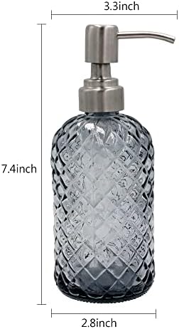 16 oz Diamond Pattern Glass Soap Dispenser, Kitchen and Bathroom Refillable Soap Dispenser with Rust Resistant Stainless Steel Pump for Hand Soap, Lotion Glass Liquid Dispenser(Grey-2pack)