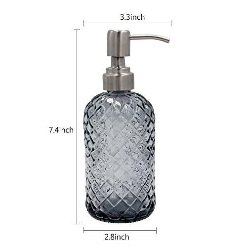 SDlumeiy 16 oz Diamond Pattern Glass Soap Dispenser, Kitchen and Bathroom Refillable Soap Dispenser with Rust Resistant Stainless Steel Pump for Hand Soap, Lotion Glass Liquid Dispenser (Grey)