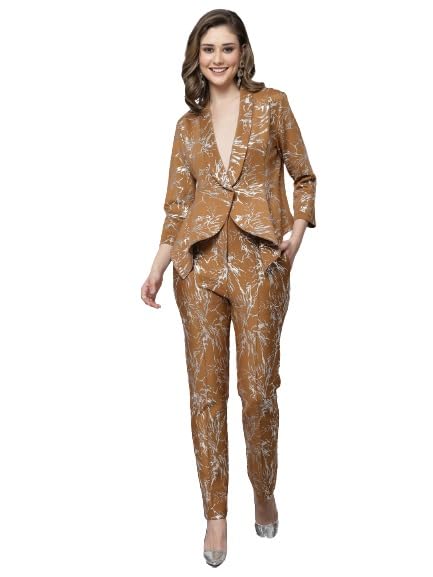 kassually Co ord Set for Women Brown Foil Print Blazer Trouser Co-Ords Set-picture-47