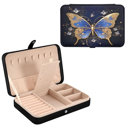 Haskirky Gold Butterfly Jewelry Box Portable PU Leather Travel Jewelry Organize for Women Jewelry Storage Display Holder for Ring, Necklace, Earring