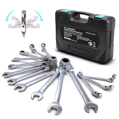 Image of BLUEMARS 14-Piece Metric Flexible Head Ratchet Wrench Set (6-19mm), Combination Spanners & Wrenches Kit with 180° Swivel & 72-Teeth Gear, Bicycle and Car Repair Tools with Storage Case