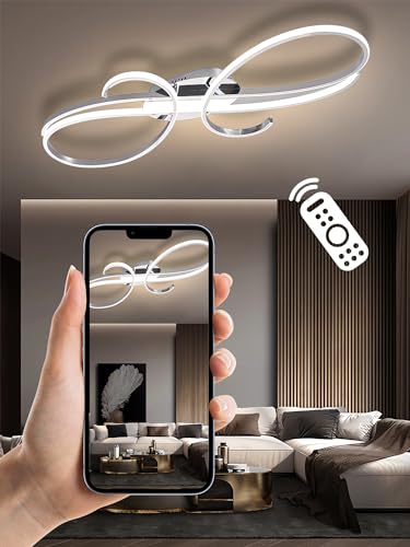 Plafoniera LED Dimmerabile Illuminazione a soffitto del soggiorno Luci moderne della camera da letto con telecomandi Illuminazione a soffitto Loop metallico Styling Lampada a soffitto (Argento, 100cm)