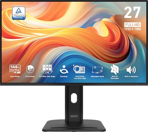 MSI Pro MP275PG E14 Monitor Profesional FHD de 27 Pulgadas, 1920x1080 IPS, 144Hz, 1ms, HDR Ready, Eye Care, Altavoz Integrado, HDMI 2.0, DP 1.2a, Ajustable en inclinación, Altura, Soporte Vesa, Negro