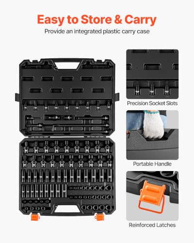 Image of VEVOR Impact Socket Set 3 /8 inch Drive 90-Piece, CR-MO, Shallow & Deep, 6 Point | SAE 1 /4 inch-3 /4 inch & Metric 6-19mm, with Swivel & E-Torx & Bit Sockets, Extension Bars, Adapters, Universal Joint