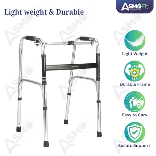 Image of Asmofit Premium Lightweight Aluminum Height Adjustable Folding Walker (Silver) | Portable Mobility Aid for Seniors, Elderly & Patients | Durable & Easy to Use Walking Support