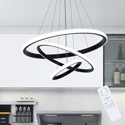 Dimmable Modern LED Chandelier, 3 Rings Black Pendant Light with Remote, 3000K-6500K Adjustable, 40W Ceiling Light for for Dining Room, Living Room, Foyer, Entryway, Kitchen Island, Bedroom