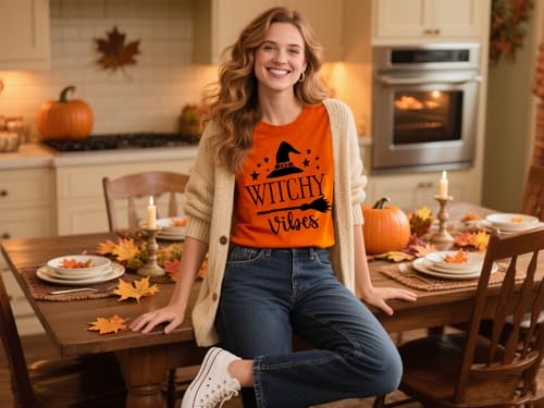 Women Witchy Vibes Shirt Halloween Basic Witch Magic Tee Nightmare Before Christmas Graphic Top4