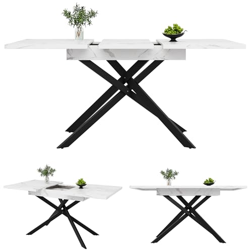 Moimhear Telescópico (120-160 cm),Mesa de comedor extensible,Mesa de cocina que ahorra espacio,Patas de hierro cruzadas negras,para cocina y sala de estar,Mesa de comedor de mármol blanco
