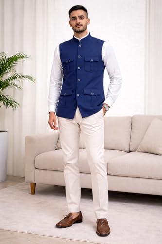 Image of LATEST CHIKAN Men's Nehru Jacket | Ethnic Waistcoat with Mandarin Collar | Premium Textured Fabric | Party, Wedding
