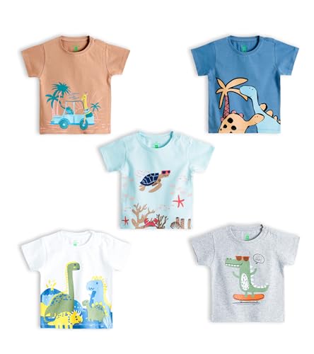 Image of YUV Infant Baby Boys & Girls 100% Cotton Printed Multicolor Half Sleeve T Shirts - 0 to 24 Months Babies, Pack of 5