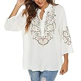 AK Embroidered Tops for Women 3/4 Sleeve Bohemian Mexican Floral Peasant Shirts Loose Tunic Blouses (2XL, 380-White)