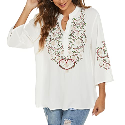 Ak Embroidered Tops For Women 3/4 Sleeve Bohemian Mexican Floral Peasant Shirts Loose Tunic Blouses (S, 380-White) #TOP18
