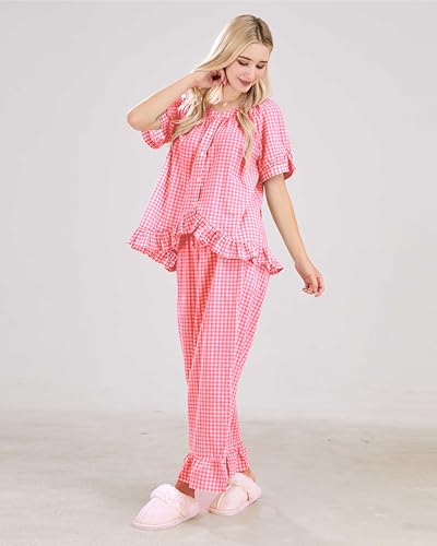 Image of codcm Womens Gingham Pajama Set 2 Piece Short Sleeve Babydoll Shirt and Pants Lounge Set Cute Sleepwear