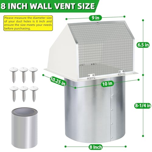 Image of 8 Inch Hooded Wall Vent with Screen and Damper,Outdoor Wall Exhaust Vent Cover Wall Cap for Exterior Kitchen Range Hood Ventilation Dryer HVAC Duct Air Exhaust, Galvanized Steel, White