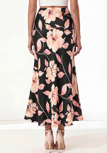 BTFBM Midi Skirts for Women 2026 Summer Spring Lightweight A Line High Waisted Wedding Guest Party Silk Long Skirt(Floral Black Pink, Medium) — view 3