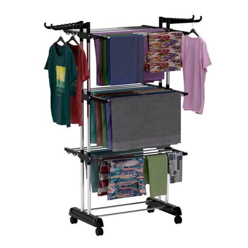 Image of TEKCOOL Foldable Cloth Drying Stand Stainless Steel - 3 Tier Heavy-Duty Clothes Dryer for Balcony, Indoor & Outdoor Use | with Wheels & Hanger Slots | Rust-Proof Laundry Rack (Black, 3 TIRE):