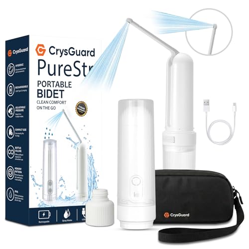 CrysGuard PureStream Portable Bidet for Travel – USB-C Rechargeable Handheld Sprayer with Bottle Adapter, 180° Foldable Nozzle, Adjustable Pressure Modes, Waterproof, for Men and Women (White, 180ml)