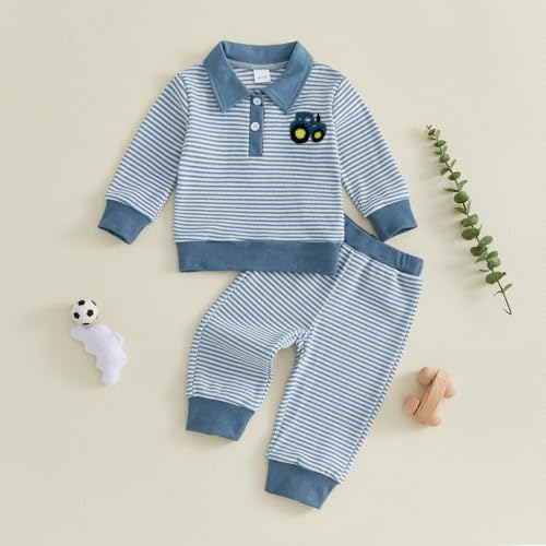 Image of VISGOGO Baby Boy Clothes Toddler Fall Winter Outfit Sweater Toddler Boy Striped Clothes 6 12 18 Months 2 3T 4T Pant Set
