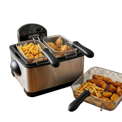 Deep Fryer - 4-Liter Electric Oil Fryer - 1 Large Basket and 2 Small for Dual Use - Stainless-Steel Cooker with Cool Touch Features by Classic Cuisine
