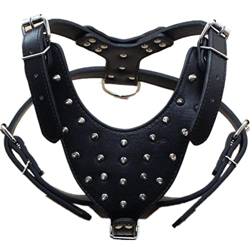 Haoyueer Leather Spiked Studded Medium & Large Dog Collars, Harnesses 2Pcs Matching Set For Pit Bull,Mastiff, Boxer, Bull Terrier #TOP1