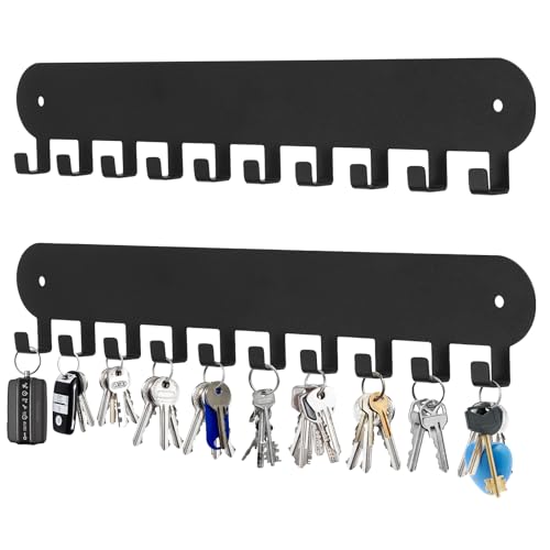 2 Pack Key Holder for Wall,Key Hooks with 10 Hooks,Key Holder Wall Mount Self Adhesive, Key Rack for Wall No Drill for Living Room, Kitchen, Bathroom, Garage (Black)
