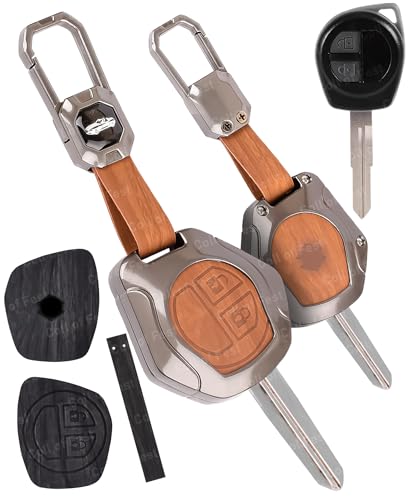 Image of Car Key Cover for Maruti Suzuki S-Presso,Swift,SX4,DZire,Ignis,Alto,Vitara Brezza,Celerio,Ertiga,Ciaz,SCross,Baleno,Ritz 2-Button Key (2 in 1 Dual Leather Metal (Black & Brown))