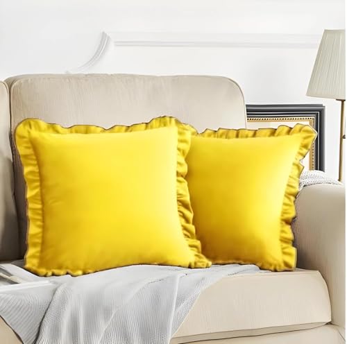 Knotting Home Velvet Yellow 16x16 Pillow Covers, Set of 2 Decorative Ruffle Cushoin Pillow Covers for Sofa Couch