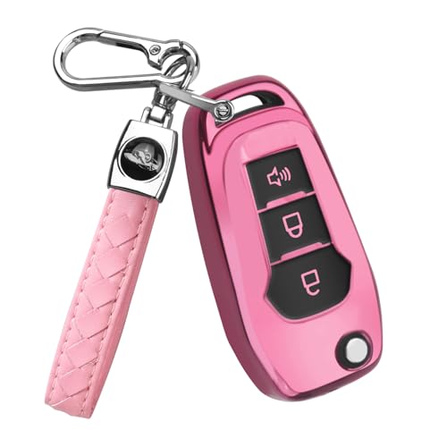 QBUC for Ford Key fob Cover,TPU Key Case Protector Compatible with 2015 2016 2017 2018 2019 Ford F150 F250,Focus 3 Escort Kuga Everest Fiesta Mustang Edge MKV Fusion 2016 Ranger flip Remote Key(Pink)