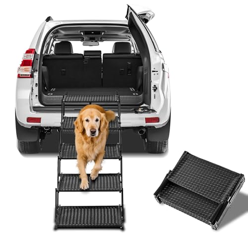 Dog Stairs for Car - Foldable Dog Ramps for Dogs with Non Slip Surface, Portable Pet Stairs for Cars and SUV, Truck, Sofas, Bed Support Up to 200 lbs (5 Steps)