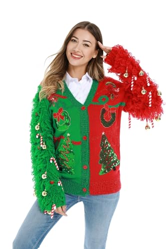 U LOOK UGLY TODAY Hässlicher Weihnachtspullover Damen Unisex Herren Lustiger Chunky Fair Isle Gestrickter Festlicher Pullover Strickjacken Pullover für Party XL