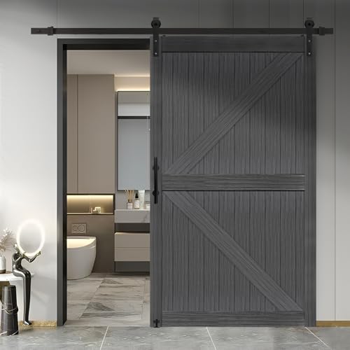 S&Z TOPHAND 48in x 84in MDF Deep Gray British Brace Knotty Barn Door with 8FT Sliding Door Hardware Kit/Simple Assembly is Required