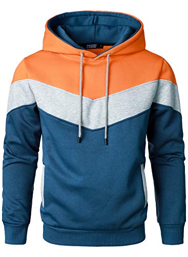 HOOD CREW Mens Fashion Color Block Pullover Hoodie Fleece Cozy Hoody Sweatshirts Sports Casual Outwear with Pockets Orange 3XL