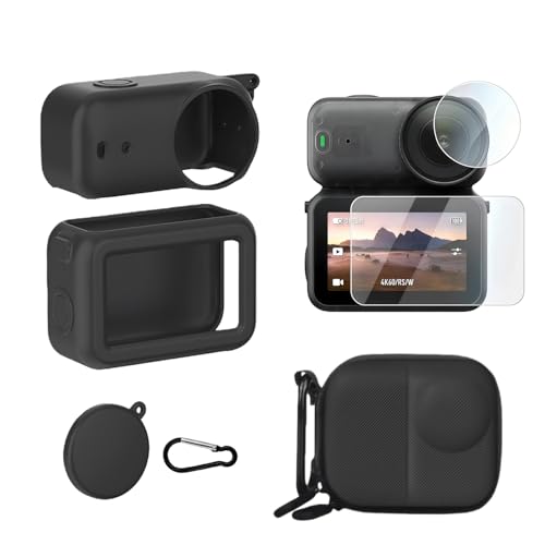 3-in-1 Accessories Kit compatible for DJI Osmo Nano Portable Mini Carrying Bag with Carabiner Clip Full Protection Black Silicone Case with Lens Cap Lens Screen HD Tempered Glass Protector
