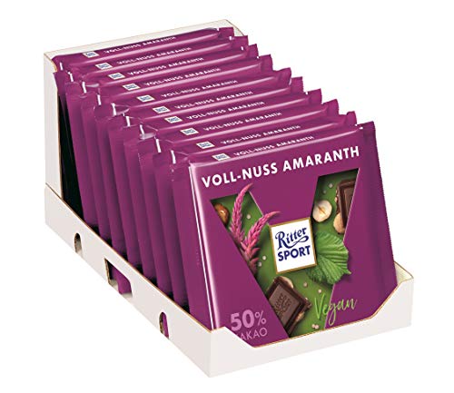 Ritter Sport Dunkle Voll-Nuss Amaranth (10 x 100 g), Vegane Schokolade, mit ganzen Haselnüssen und Amaranth verfeinert…