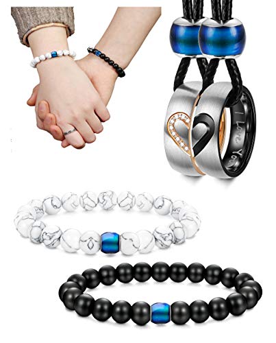 Loyallook 4Pcs Couples Distance Necklace Bracelets Set For Women Men Heart Matching Rings Pendant 8Mm Mood Beads Bracelets For Lovers Valentine Gifts #TOP4