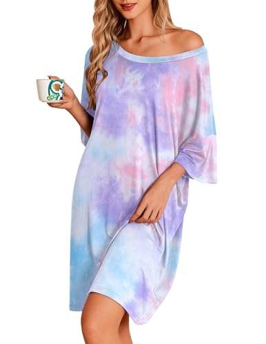 Image of Ekouaer Plus Size Nightgowns for Women Oversized Sleep Shirt Short Sleeve Nightshirt T-Shirt Dress Sleepwear S-5XL