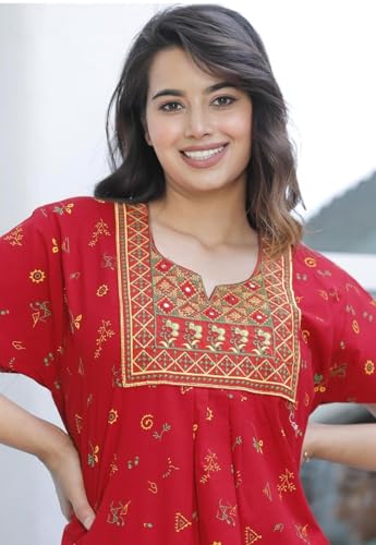 Image of DIAMO Pure Cotton Embroidery Nighty for Women, Cotton Night Gown, Night Maxi Gown, Cotton Nighty with a Pocket and Adjustable Knot