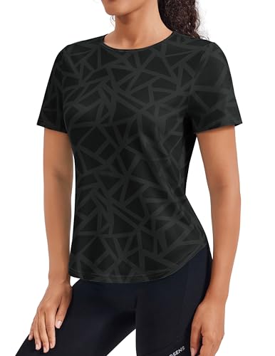 PINSPARK Sportshirt Damen Geometrisches Muster Laufshirt Laufen Volleyball Fitnessbekleidung Schwarz L