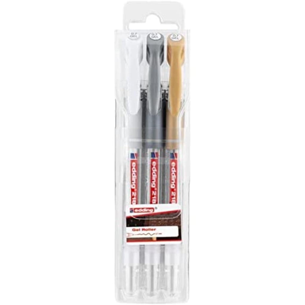 edding 2185 gel roller - white, gold, silver (metallic) - set of 3-0.7 mm - gel pen for writing, drawing, colouring mandalas, bullet journals - glitter gel pen, colour gel pen
