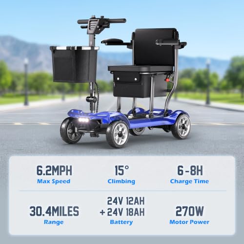 Image of 43lb Lightweight Mobility Scooter for Seniors - Airline & Cruise Approved | Foldable Portable Travel Motorized Scooters for Adults Elderly 4 Wheel with Removable Battery, 30.4MI, 300lb Capacity, Blue