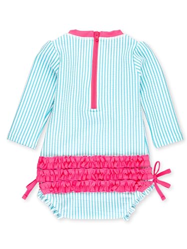 Image of RuffleButts Baby-Girls Seersucker Long Sleeve Rash Guard - One Piece Swimsuit UPF 50+ Toddler