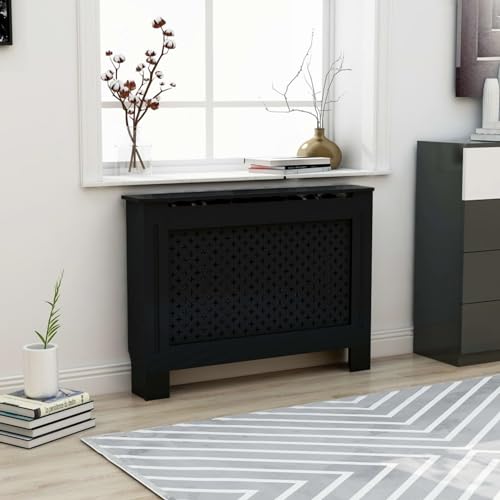 Sufrk Black Radiator Cover 112 x 19 x 81.5 cm in MDF, Modern and Elegant Slatted Radiator Cover for Home, MDF and Steel